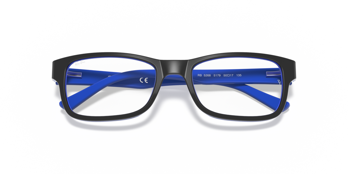 Two-tone eyeglass frames with dark rims and blue lens panels