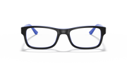 Blue square eyeglass frames with thick front and Ray-Ban logo on temple