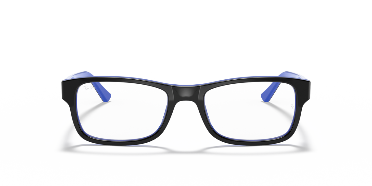 Blue square eyeglass frames with thick front and Ray-Ban logo on temple