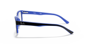 Blue eyeglass frames side view with Ray-Ban logo and curved temples