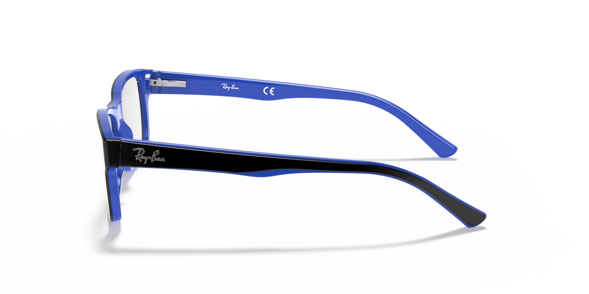 Blue eyeglass frames side view with Ray-Ban logo and curved temples