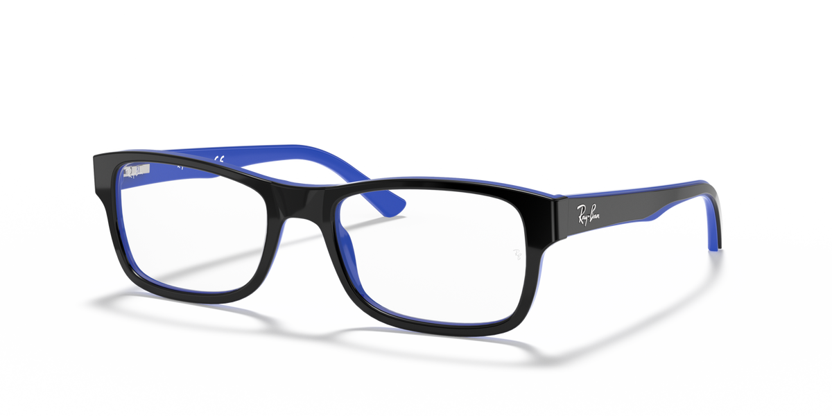 Blue rectangular eyeglass frames with Ray-Ban logo on the temple
