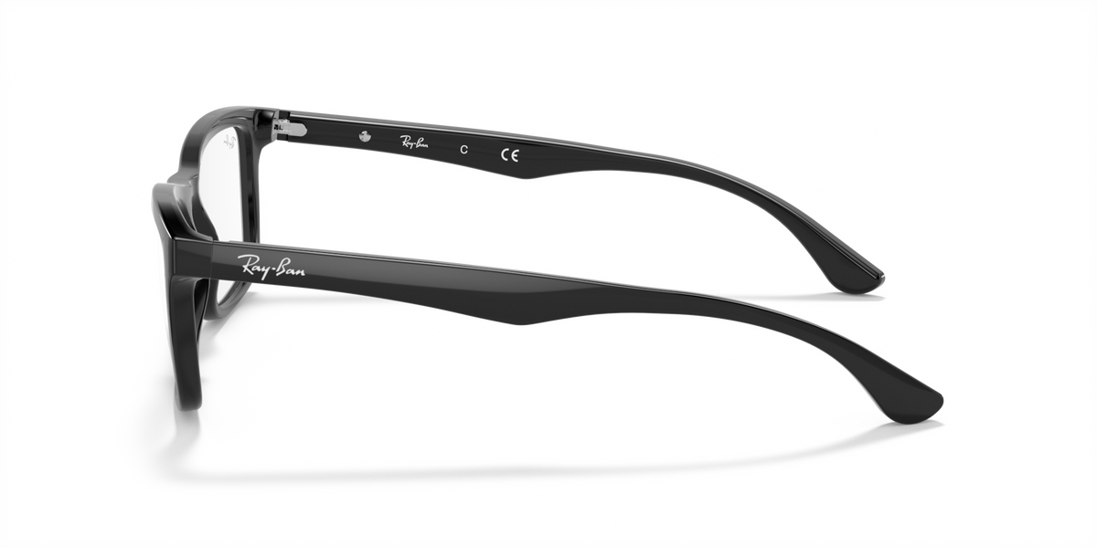 Ray-Ban prescription eyewear frames, black, side profile with temple tips and hinges.