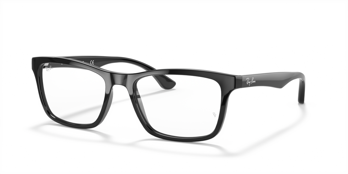 Ray-Ban prescription eyewear frames, black, rectangular full-rim with clear nose bridge.