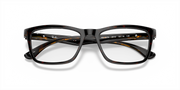 Ray-Ban prescription eyewear frames, black with tortoise temples and rectangular full-rim design.
