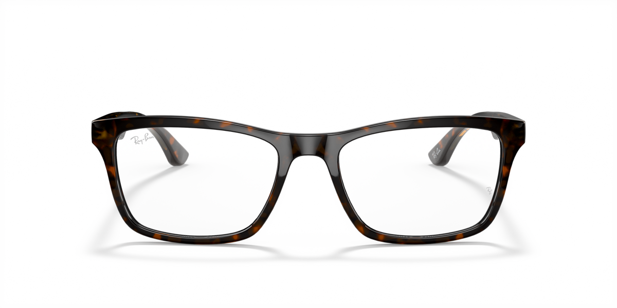 Ray-Ban prescription eyewear frames, havana tortoise full-rim, front view with dark bridge.