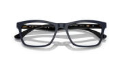 Prescription eyewear frames, dark with blue-tinted front and temple detailing