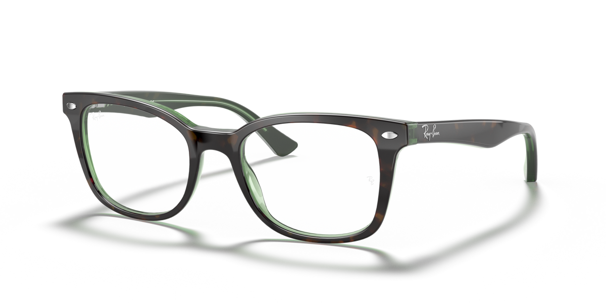 Ray-Ban RX5285 turquoise on transparent prescription eyewear frames, side front angle