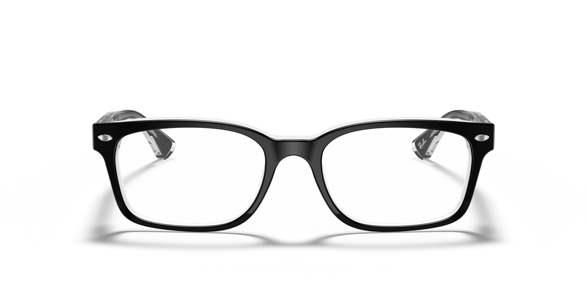 Ray-Ban rectangular prescription frames in black with clear lenses, front angle view