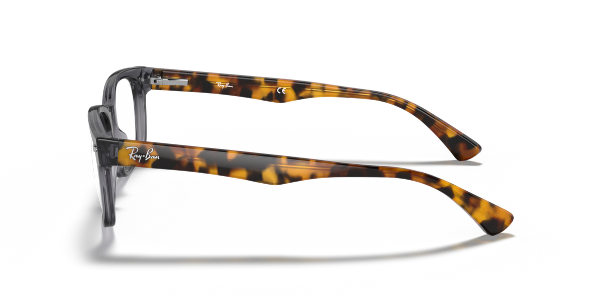 Ray-Ban tortoise-pattern rectangular prescription frames, temple side profile view