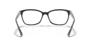 Prescription eyewear frames with dark gray frame and clear lenses, front close-up