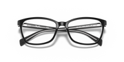 Prescription eyewear frames with black frame and clear lenses, front view