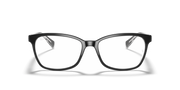 Prescription eyewear frames with dark gray frame and clear lenses, close front