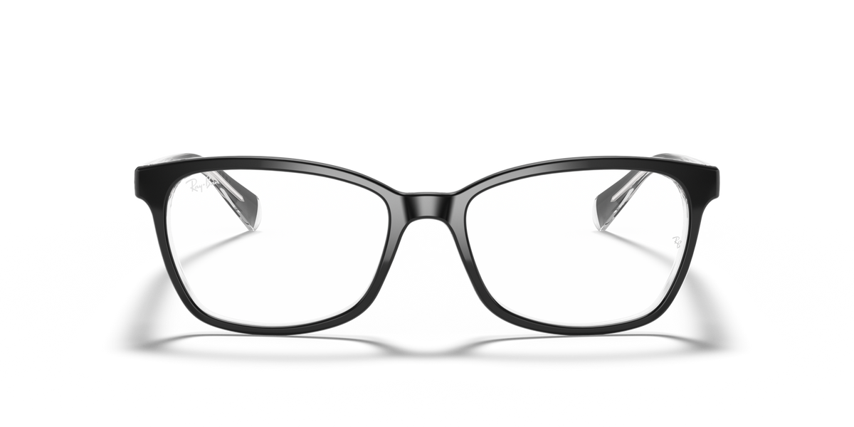 Prescription eyewear frames with dark gray frame and clear lenses, close front