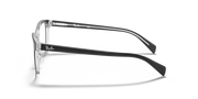 Prescription eyewear frames with dark gray frame, side profile and clear lenses