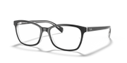 Prescription eyewear frames with dark gray frame and clear lenses, front view