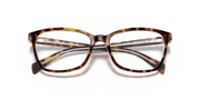 Prescription eyewear frames with havana tortoise frame and clear lenses, angled front