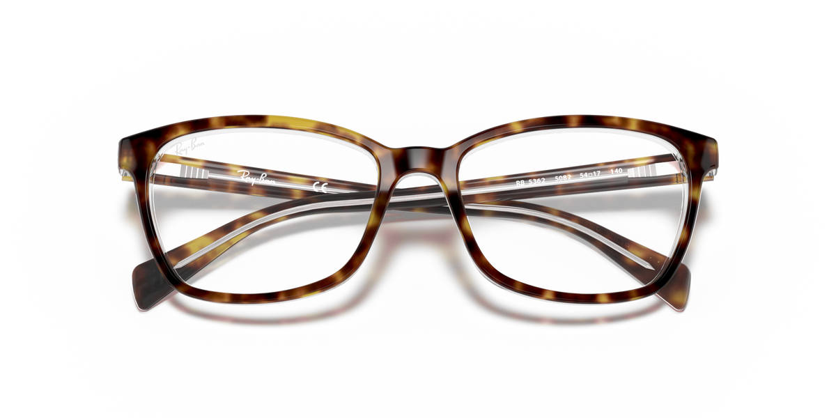 Prescription eyewear frames with havana tortoise frame and clear lenses, angled front