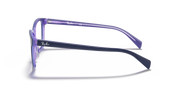 Light blue prescription eyeglass frames, side profile with curved temples