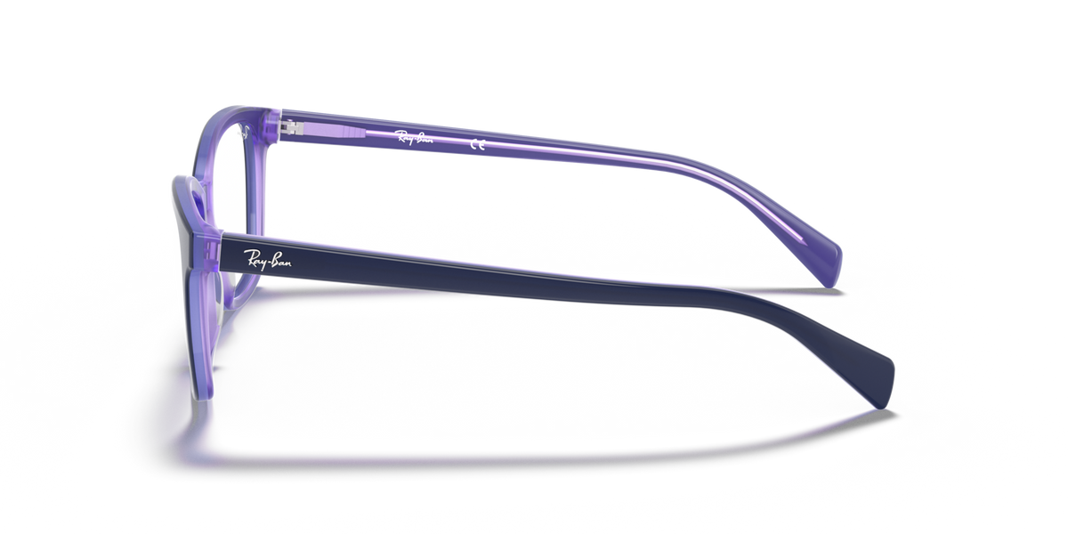 Light blue prescription eyeglass frames, side profile with curved temples