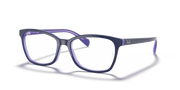 Light blue prescription eyeglass frames with squared cat-eye shape