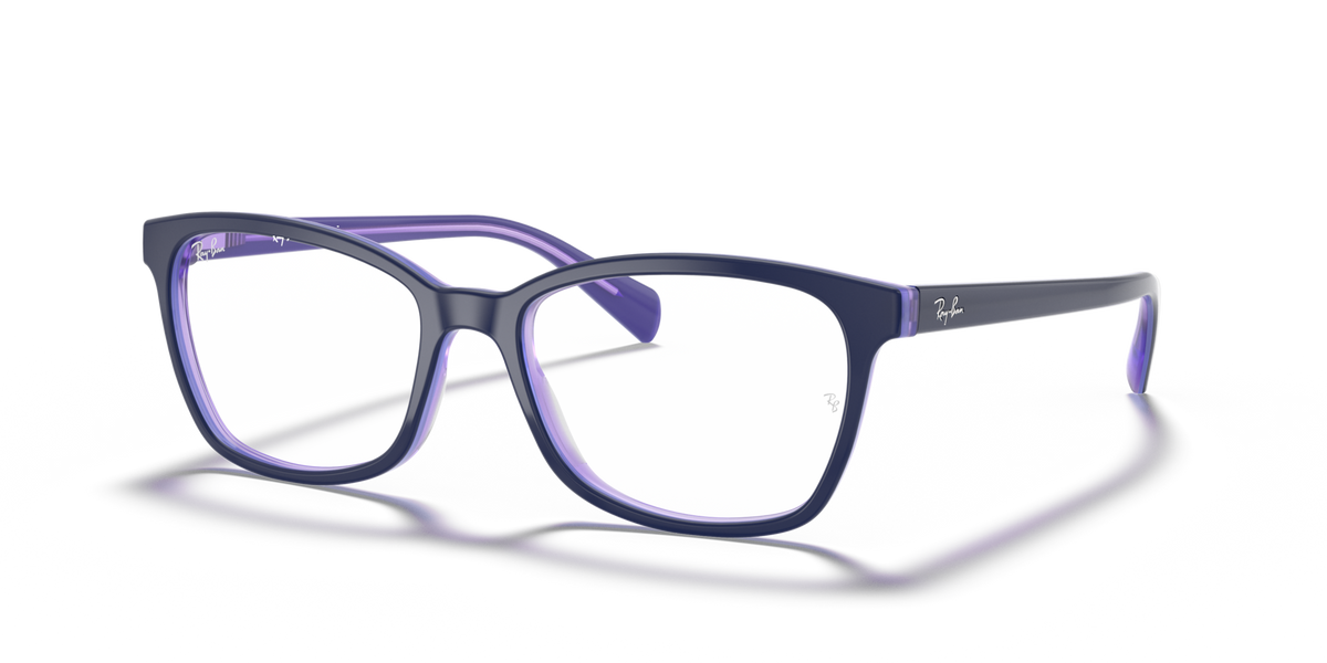 Light blue prescription eyeglass frames with squared cat-eye shape