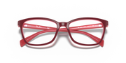Red prescription eyeglass frames with rectangular lenses and bold frame arms