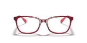 Red prescription eyeglass frames, front view with wide square lenses