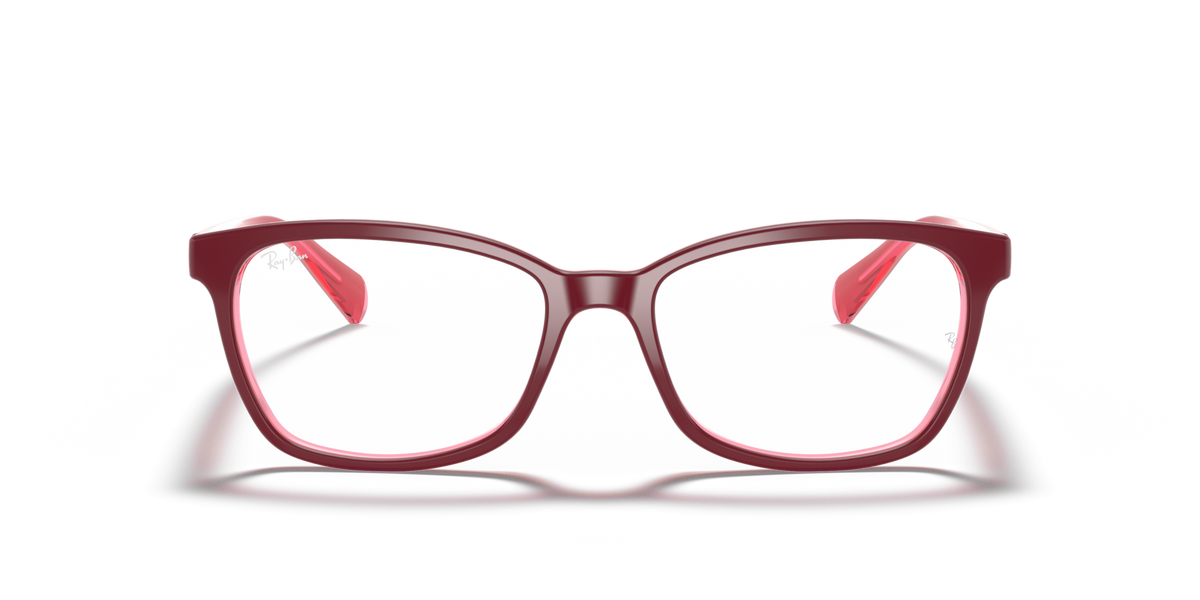 Red prescription eyeglass frames, front view with wide square lenses