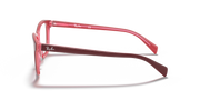 Red prescription eyeglass frames, side profile with curved temples