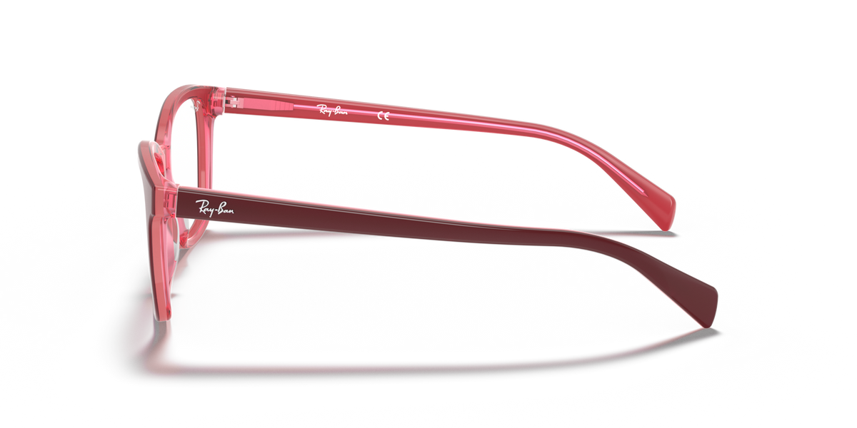 Red prescription eyeglass frames, side profile with curved temples