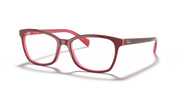 Red prescription eyeglass frames with squared cat-eye shape and full rim