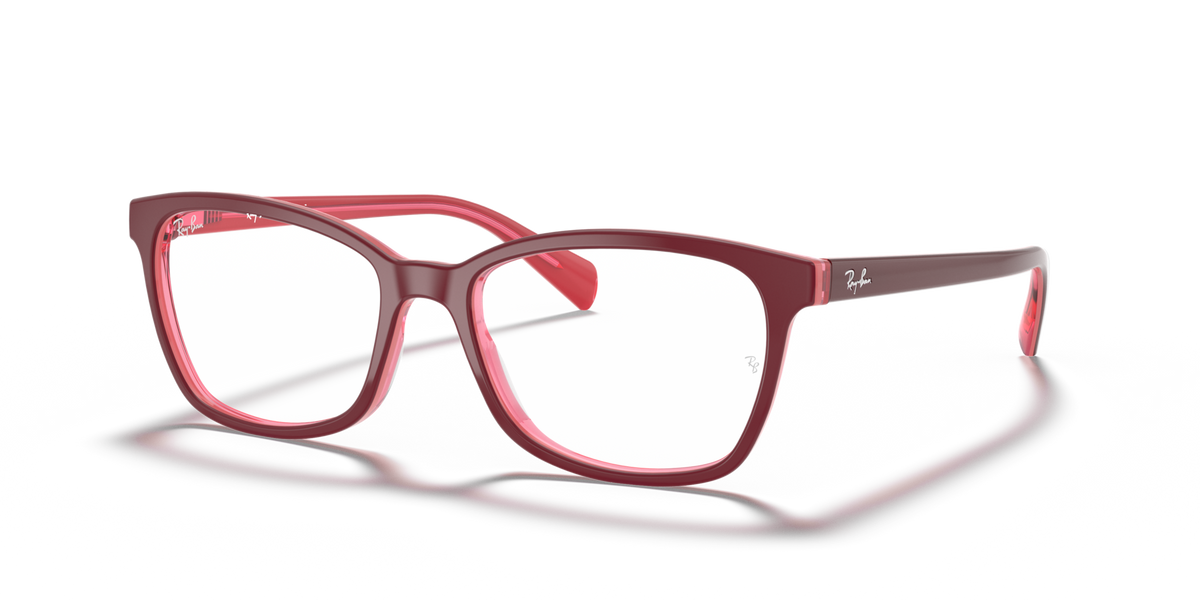 Red prescription eyeglass frames with squared cat-eye shape and full rim