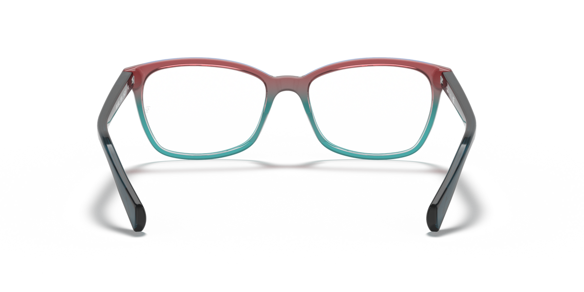 Ray-Ban prescription eyewear frames, maroon front with teal under-frame detailing