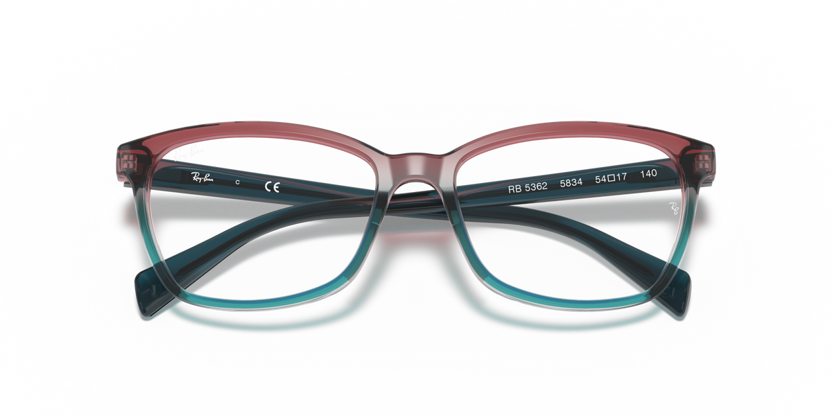 Ray-Ban prescription eyewear frames, maroon with teal gradient inner rim and clear lenses