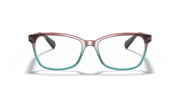 Ray-Ban prescription eyewear frames, maroon front with teal temple accents and clear lenses