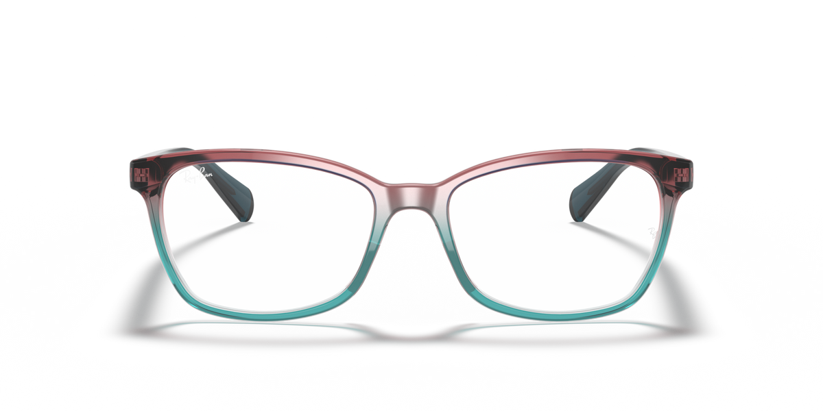 Ray-Ban prescription eyewear frames, maroon front with teal temple accents and clear lenses