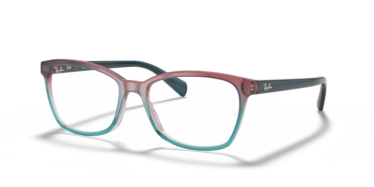 Ray-Ban prescription eyewear frames, maroon acetate with teal accents and clear lenses