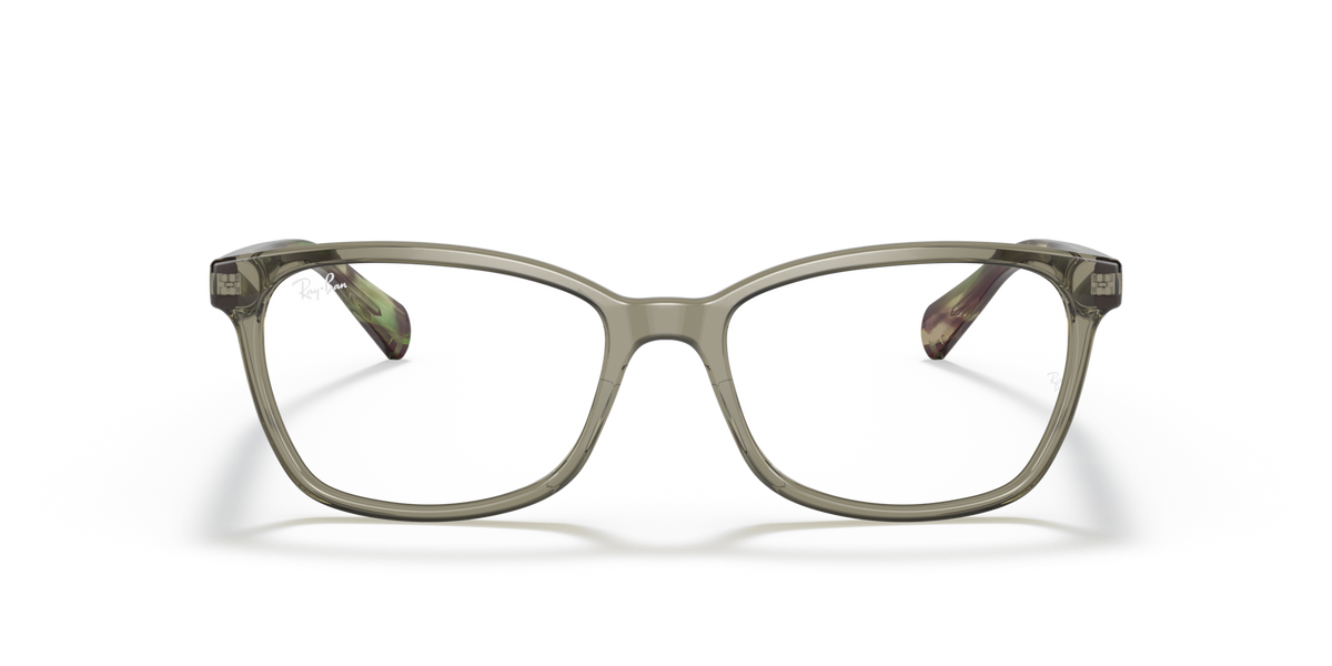 Ray-Ban prescription eyewear frames, khaki front with tortoise-pattern temples and clear lenses