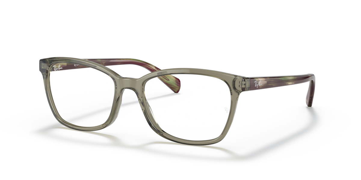 Ray-Ban prescription eyewear frames, khaki frame with tortoise-pattern temples and clear lenses