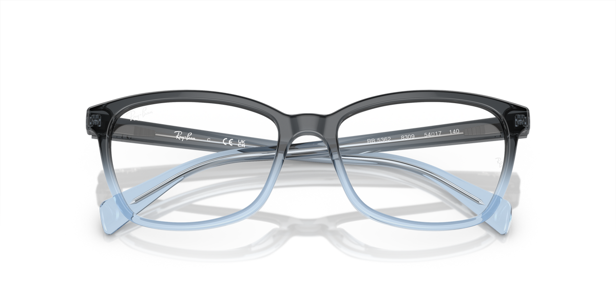 Ray-Ban RX5362 prescription frames, dark gray square glasses with light-blue inner accents