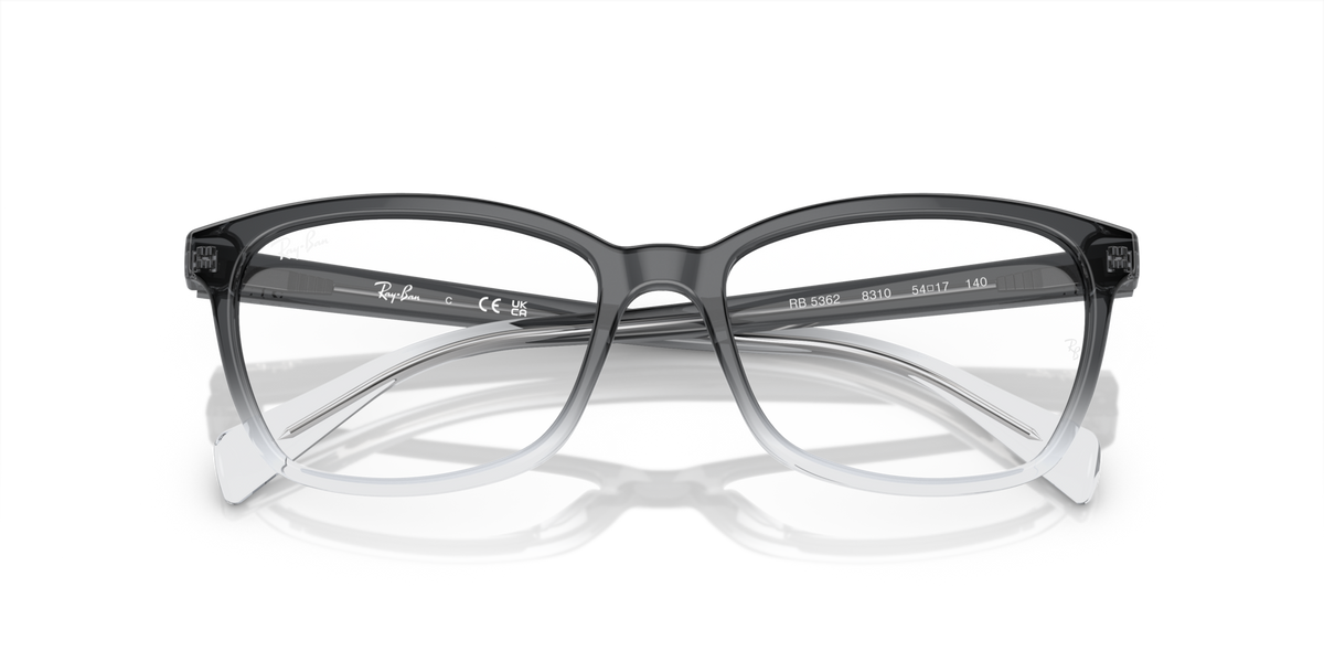 Ray-Ban RX5362 prescription frames, dark gray square glasses with light-blue inner arms