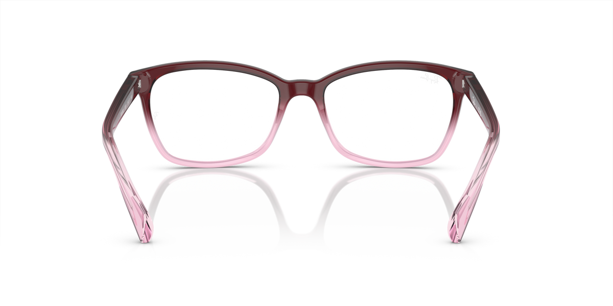 Prescription eyeglass frames front view, dark maroon with light pink temples and tips