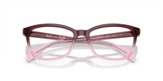 Prescription eyeglass frames with dark maroon front and pink temple details, full view