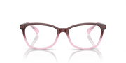 Prescription eyeglass frames, dark maroon with pink accents, square-rectangular lenses