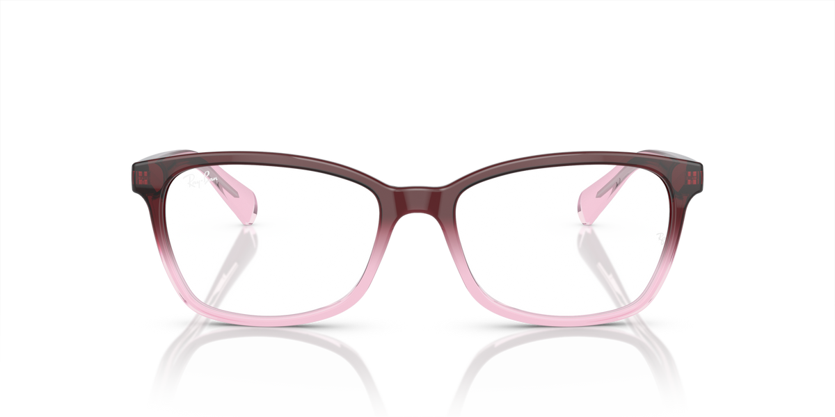 Prescription eyeglass frames, dark maroon with pink accents, square-rectangular lenses