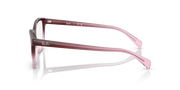 Prescription eyeglass frames side view, dark maroon rim with pink temple arms
