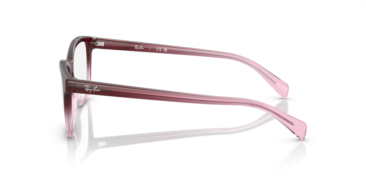 Prescription eyeglass frames side view, dark maroon rim with pink temple arms