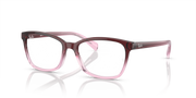 Prescription eyeglass frames with dark maroon front and pink temples, rectangular lenses