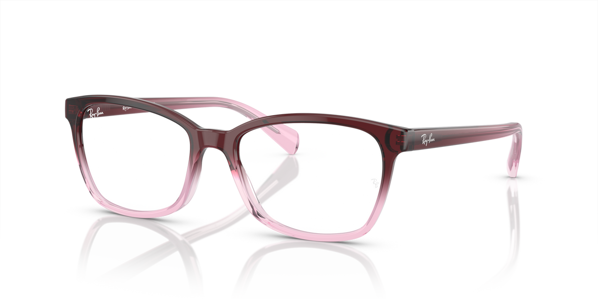 Prescription eyeglass frames with dark maroon front and pink temples, rectangular lenses